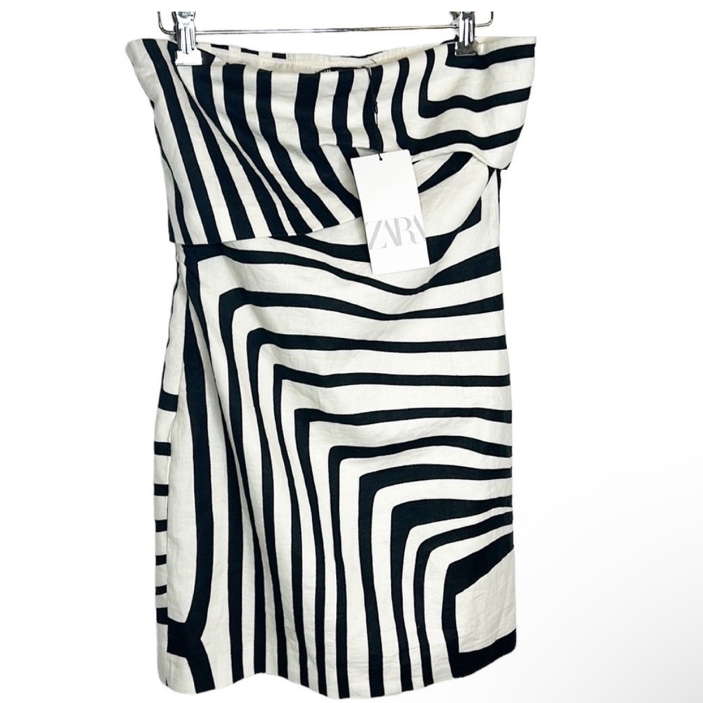 Zara NWT Linen Blend Strapless Black & White Striped Bodycon Dress Size Small